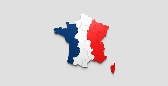 map of french regions with french flag 3D rendering light grey background