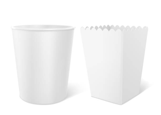 Blank bucket for popcorn, hen wings or legs mockup Blank bucket for popcorn, chicken wings or legs mockup isolated on white background. Empty pail fastfood front and side view. Paper hen bucketful design, food box rendering Realistic 3d vector mock up nuggets heat stock illustrations