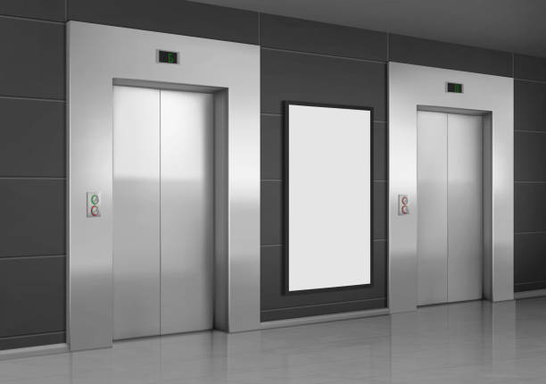Realistic elevators with close door and ad poster Realistic elevators with close doors and ad poster screen on wall, perspective view mockup. Office or modern hotel hallway, empty lobby interior with lifts and blank display, 3d vector illustration lobby office stock illustrations