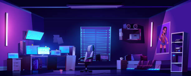 Teenager boy bedroom interior, computers on desk Teenager boy bedroom night interior, gamer, programmer, hacker or trader room with multiple computer monitors at work desk, unmade bed, 3d printer on shelf, placard on wall cartoon vector illustration desk backgrounds stock illustrations