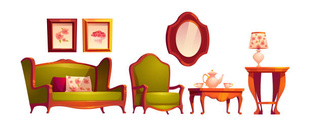 illustrations, cliparts, dessins animés et icônes de intérieur de salle de séjour dans le modèle victorien classique - fauteuil baroque