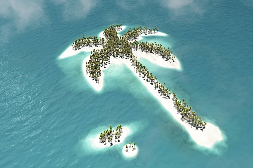 Maldivian island in the shape of a Palm tree, 3d rendering.