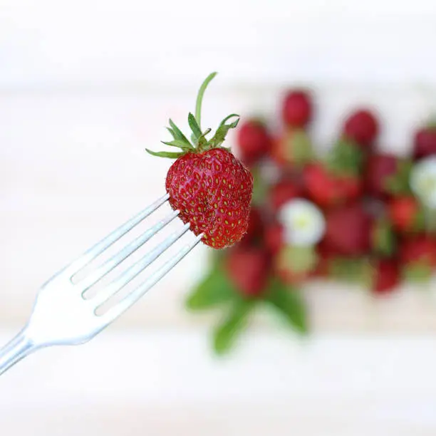 red strawberry berry impaled on a fork