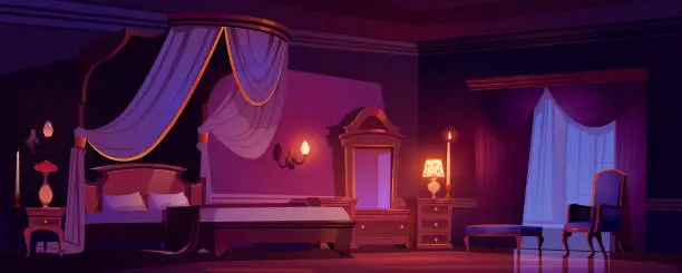 Vector illustration of Victorian bedroom, royal interior at morning.