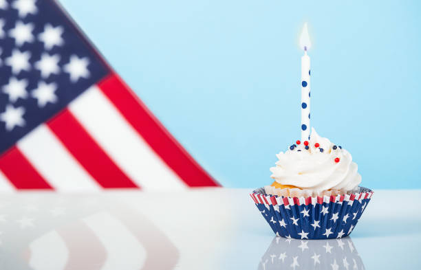 istock Patriotic 4th of July cupcake with a candle 1251655224