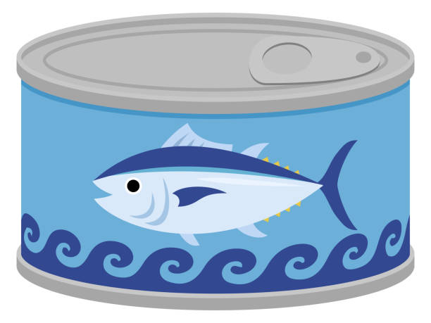 Illustration of canned tuna Illustration of canned tuna with sea waves and one tuna in the center canned fish cartoon stock illustrations