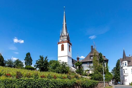scenic  view to old town church St. Martin in Eltville, Germany
