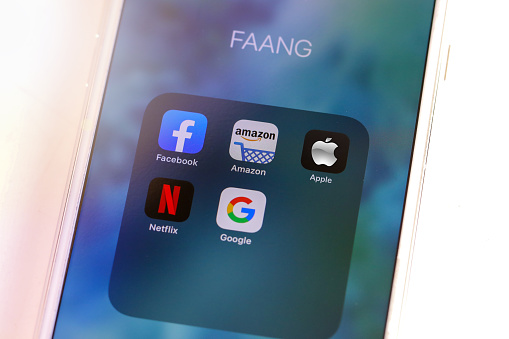 Tel Aviv, ISRAEL - May 28 2020 : FAANG Big Tech icons (Facebook, Amazon, Apple, Netflix & Google). FAANG is an acronym Of the 5 strong stocks in the Nasdaq technology stocks index. High quality photo