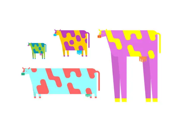 Vector illustration of Colored Cartoon Cow set. Multicolored Animal beef vector illustration