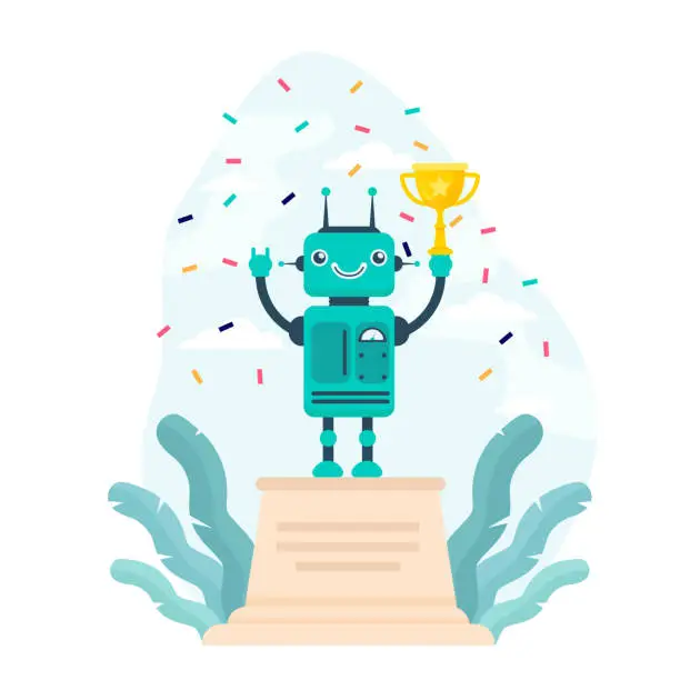 Vector illustration of Robot winning golden cup