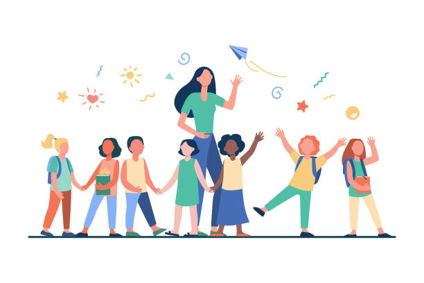 illustrations, cliparts, dessins animés et icônes de jeune professeur avec des enfants joyeux - enfant illustrations
