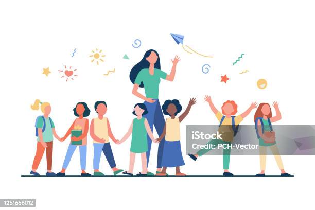 Young Teacher With Joyful Kids Stock Illustration - Download Image Now - Child, Education, School Building