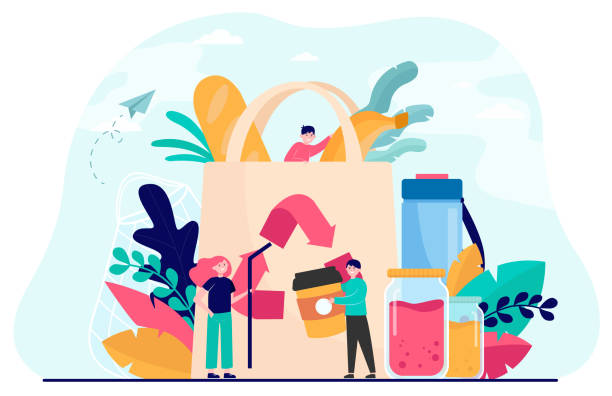 People packing organic food into eco bag People packing organic food into eco bag, sorting plastic waste for recycling. Vector illustration for eco friendly shopping, sustainable development, environment care concept packaging illustrations stock illustrations