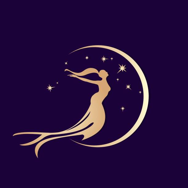 Mermaid logo.Long wavy hair and tail.Beautiful female character icon.Elegant style. Dream illustration with woman, stars and moon elements.Dark blue background. beauty in nature illustrations stock illustrations