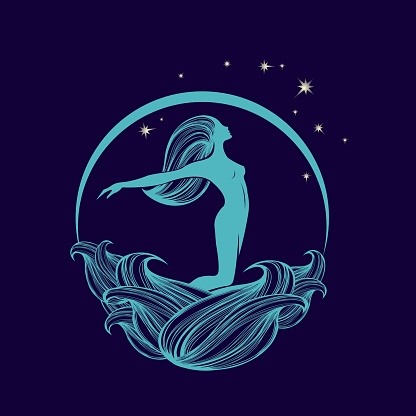 Dream illustration with woman,water, stars and moon elements.Dark blue background.