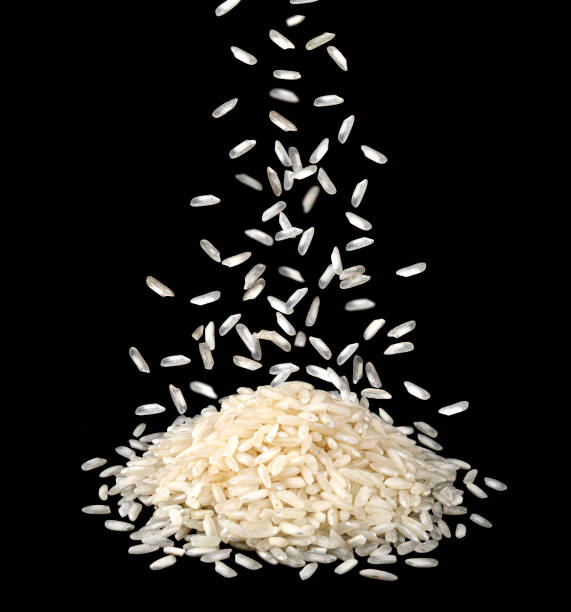 istock Falling dry rice grains isolated on black background 1251666678
