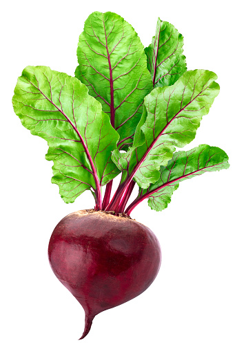Beetroot isolated on white background with clipping path, one whole beet with leaves