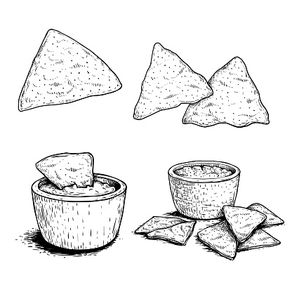 Nachos sketch style set. Single, group and with sauce nachos. Traditional mexican food. Hand drawn. Retro style. Vector illustration for menu designs. Isolated on white background. EPS10 + JPEG preview.