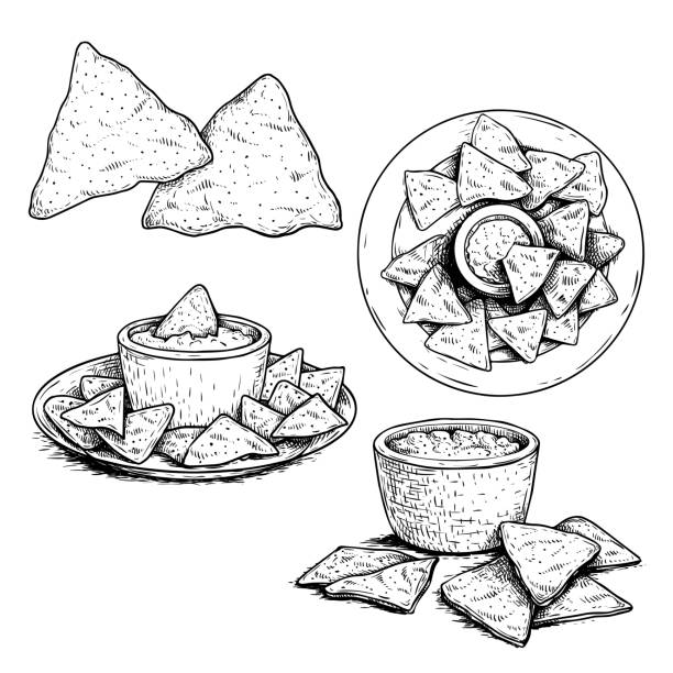 Nachos sketch style set. Single, group on plate and with sauce nachos. Top view. Traditional mexican food collection. Hand drawn. Retro style. Vector illustration for menu designs. Isolated on white background. Nachos sketch style set. Single, group on plate and with sauce nachos. Top view. Traditional mexican food collection. Hand drawn. Retro style. Vector illustration for menu designs. Isolated on white background. EPS10 + JPEG preview. nacho chip stock illustrations