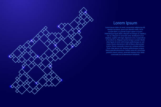북한은 다양한 크기의 사각형과 빛나는 우주별의 격자에서 파란색 패턴에서지도. 벡터 그림입니다. - chart star shape square shape symbol stock illustrations