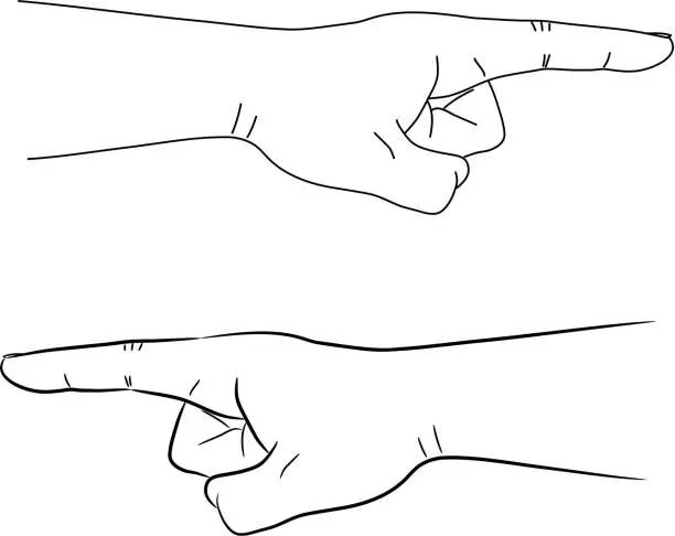 Vector illustration of Man hand with a pointing finger from the contour black brush lines different thickness on white background. Vector illustration.