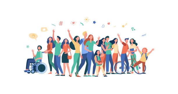 Multicultural people standing together Multicultural people standing together isolated flat vector illustration. Cartoon diverse characters of multinational community members. Society and public concept disabled adult stock illustrations