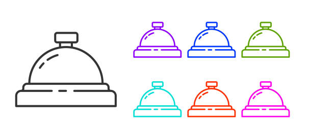 черная линия отель сервис колокол значок изолированы на белом фоне. звонок на прием. установите иконки красочными. иллюстрация вектора - hotel bell service bell white background stock illustrations
