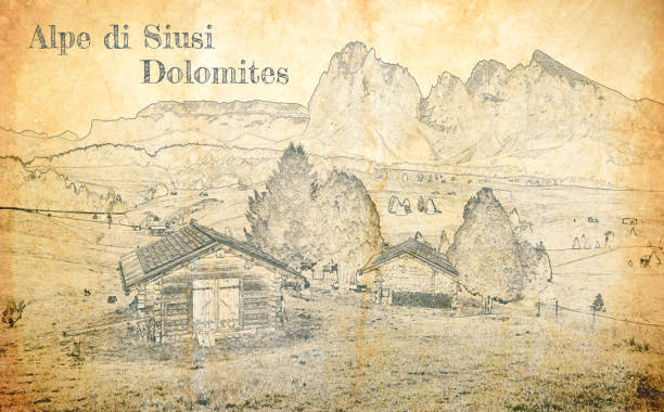 illustrazioni stock, clip art, cartoni animati e icone di tendenza di alpe di siusi nelle dolomiti, schizzo su carta antica - 7292