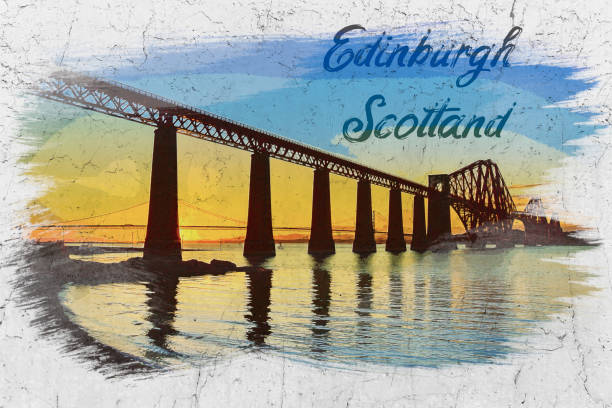 istock Sunset between the two bridges in Queensferry, watercolor painting 1251676874