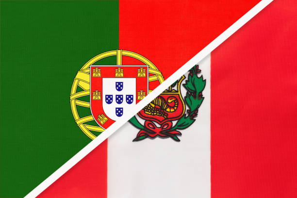 istock Portugal and Peru, symbol of national flags from textile. Championship between two countries. 1251677944