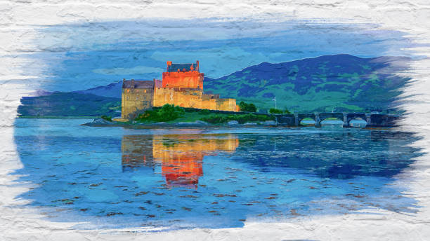 istock Watercolor of illuminated Eilean Donan Castle at night, Scotland 1251678273