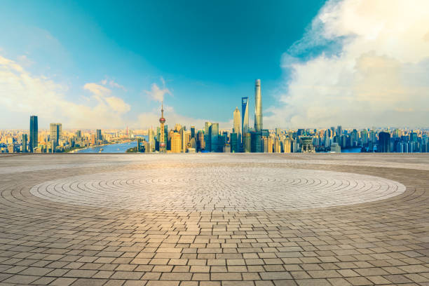 istock Empty floor and Shanghai skyline with buildings at sunset,China. 1251679253
