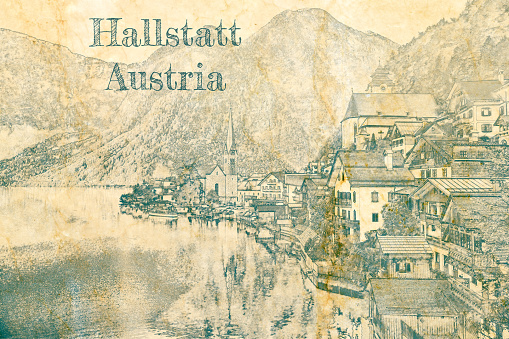 Sketch of Hallstatt in Austria on old paper