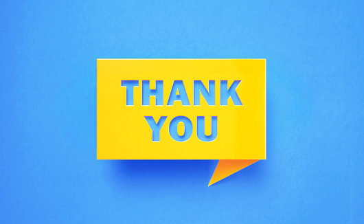 Thank You Written Yellow Chat Bubble on Blue Background