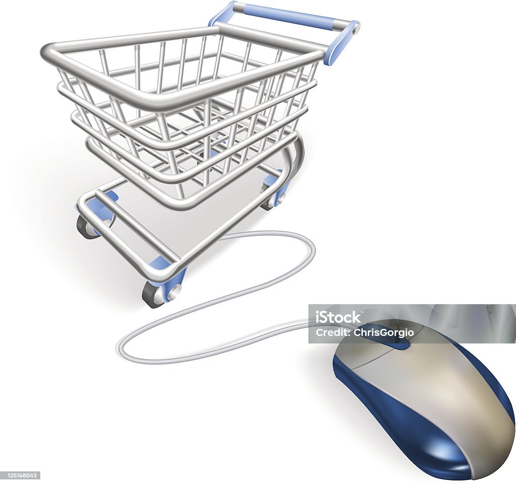 Online internet shopping concept A mouse connected to a shopping cart trolley. Concept for online internet shopping. Blue stock vector