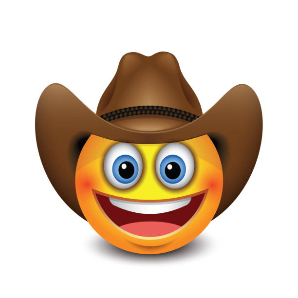 illustrations, cliparts, dessins animés et icônes de émoticône de sourire mignon utilisant le chapeau de cowboy, emoji - illustration de vecteur - cowboy hat