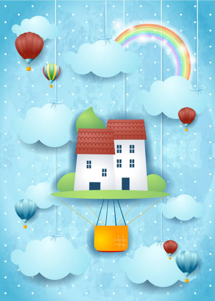istock Surreal hot air balloon on sky background with hanging clouds 1251686132