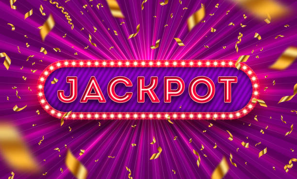 ilustraciones, imágenes clip art, dibujos animados e iconos de stock de seña de neon light jackpot retro y confeti de lámina dorada contra un fondo de ráfaga de luz. ilustración vectorial. cartel del marco de la bombilla del jackpot. logotipo del jackpot. - artículos de lotería