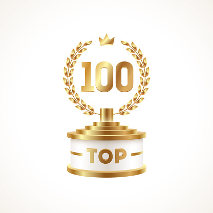 Top 100 award cup. Golden award trophy with laurel wreath and crown - isolated on white background. Vector illustration.