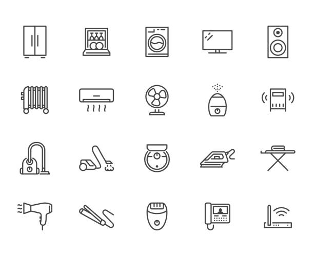 Household appliance line icon set. Washing machine, humidifier robot vacuum cleaner, curling iron minimal vector illustration. Simple outline signs for electronics. Pixel Perfect Editable Stroke Household appliance line icon set. Washing machine, humidifier robot vacuum cleaner, curling iron minimal vector illustration. Simple outline signs for electronics. Pixel Perfect Editable Stroke. iron steam stock illustrations