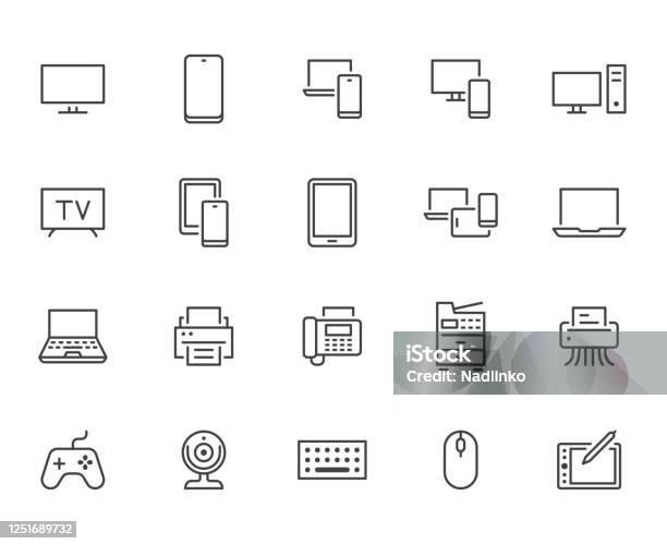 Devices Line Icons Set Computer Laptop Mobile Phone Fax Scanner Smartphone Minimal Vector Illustrations Simple Flat Outline Sign For Web Technology App Pixel Perfect Editable Strokes Stock Illustration - Download Image Now