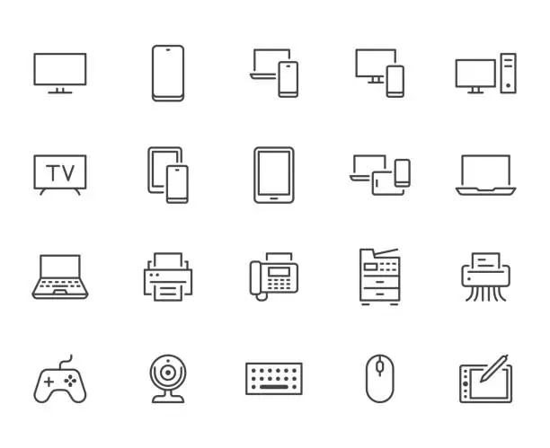 Vector illustration of Devices line icons set. Computer, laptop, mobile phone, fax, scanner, smartphone minimal vector illustrations. Simple flat outline sign for web, technology app. Pixel Perfect. Editable Strokes