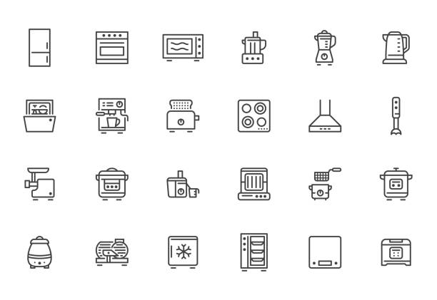 ilustraciones, imágenes clip art, dibujos animados e iconos de stock de conjunto de iconos de línea de electrodomésticos de cocina. horno, mezclador, lavavajillas, procesador de alimentos, cocer combi ilustraciones vectoriales mínimas. señales simples de contorno del equipo de cocina. pixel perfecto. trazos editables - food processor