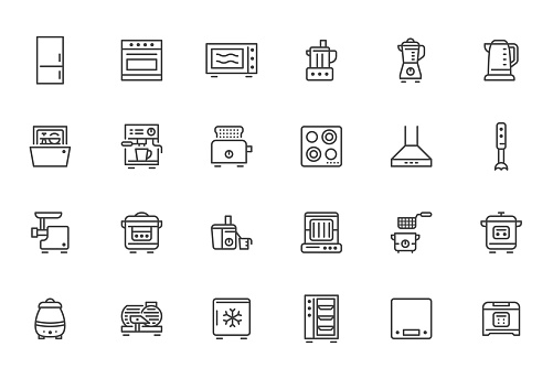 Kitchen appliance line icon set. Oven, mixer, dishwasher, food processor, combi steamer minimal vector illustrations. Simple outline signs of cooking equipment. Pixel Perfect. Editable Strokes.