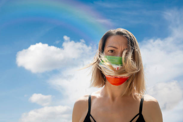istock Woman is Looking into Camera While Wearing Iranian Flag Protective Mask To Avoid Coronavirus Covid-19 Against Cloudscape with Rainbow 1251690145