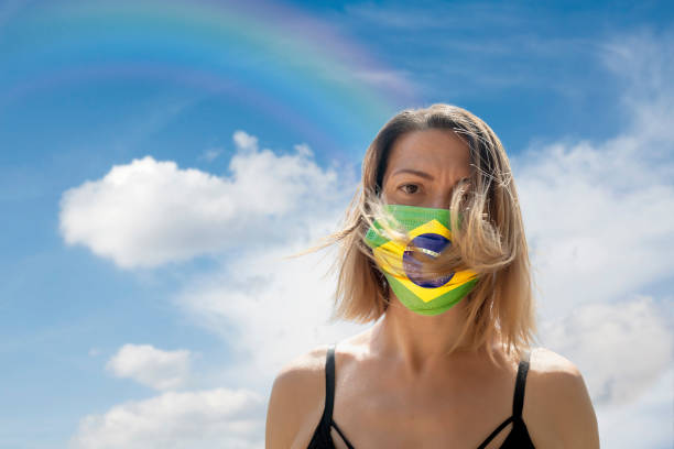 istock Woman is Looking into Camera While Wearing Brazilian Flag Protective Mask To Avoid Coronavirus Covid-19 Against Cloudscape with Rainbow 1251690331