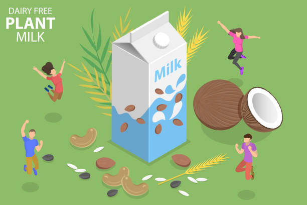 illustrazioni stock, clip art, cartoni animati e icone di tendenza di 3d isometric flat vector concept di latte vegetale senza latte. - soybean merchandise soy milk milk