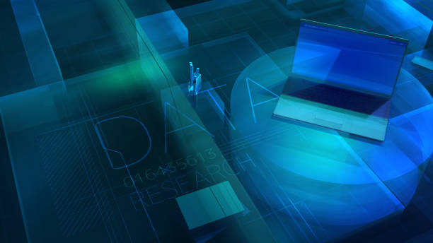 istock Dark blue corporate background with laptop on Data Research topic. 1251692443