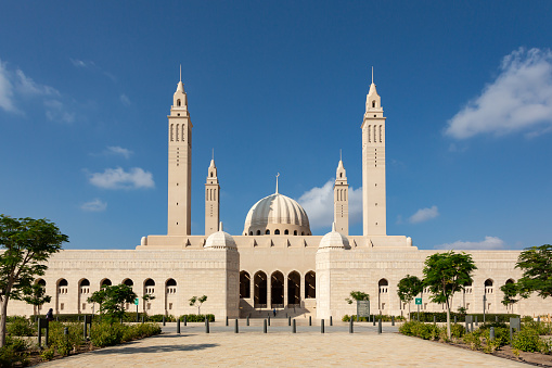 Front view of new Sultan Qaboos Grand Mosque at the outskirts of Nizwa in Oman