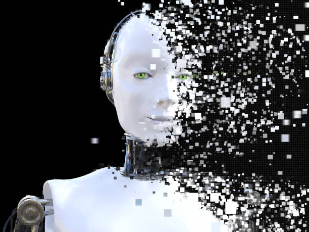 istock 3D rendering of female robot head that shatters. 1251696275